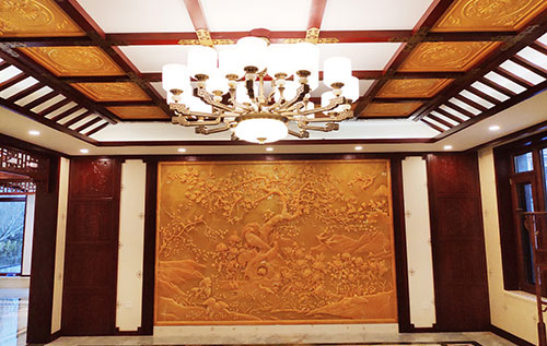珙县中式别墅客厅中式木作横梁吊顶装饰展示